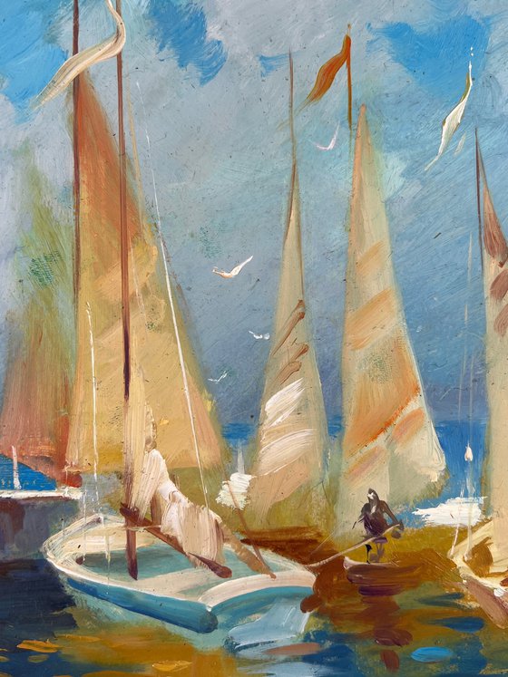 Sailing Boats Moored in Front of the Sea