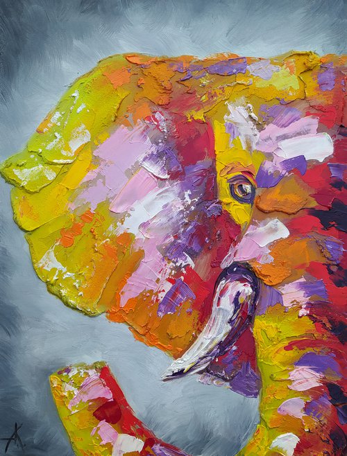 Texture - oil painting, elephant, elephant face, texture paste, animal face, animals oil painting, impressionism, gift, elephant portrait by Anastasia Kozorez