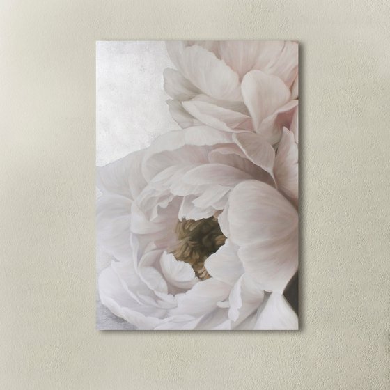 "Soft Peonies" White silver flowers oil art