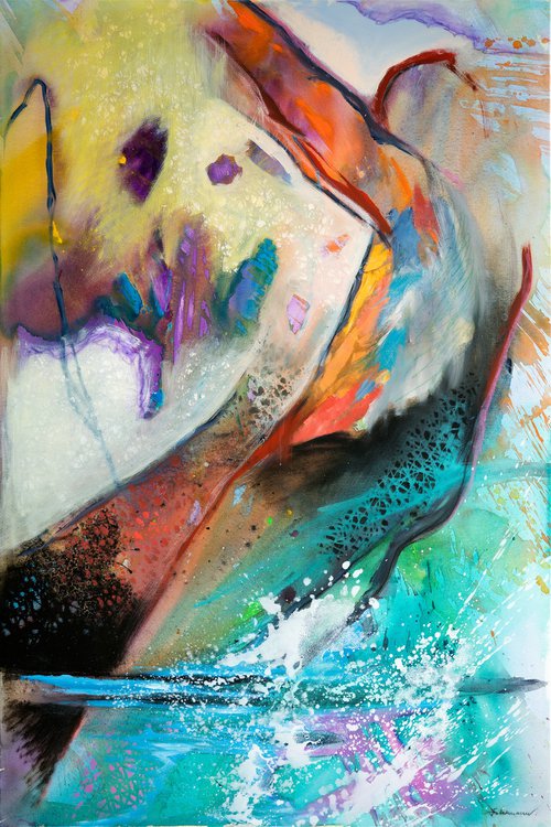 "The Jump", abstract painting acrylic, charcoal, chalk, varnish on canvas by Uwe Fehrmann
