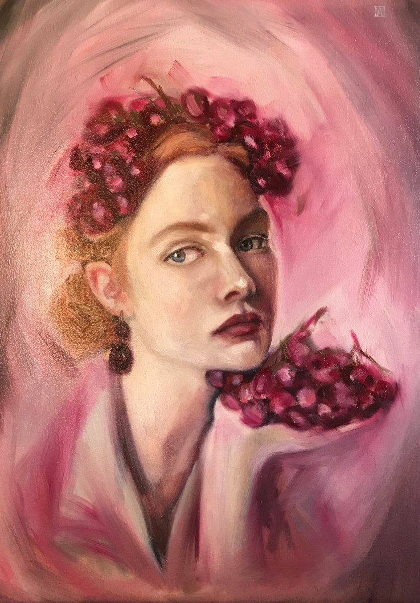 Impressionistic Portrait Oil Painting By Anastasia Terskih, 20 X 28, Red Hair Girl With Grape, Original Artwork
