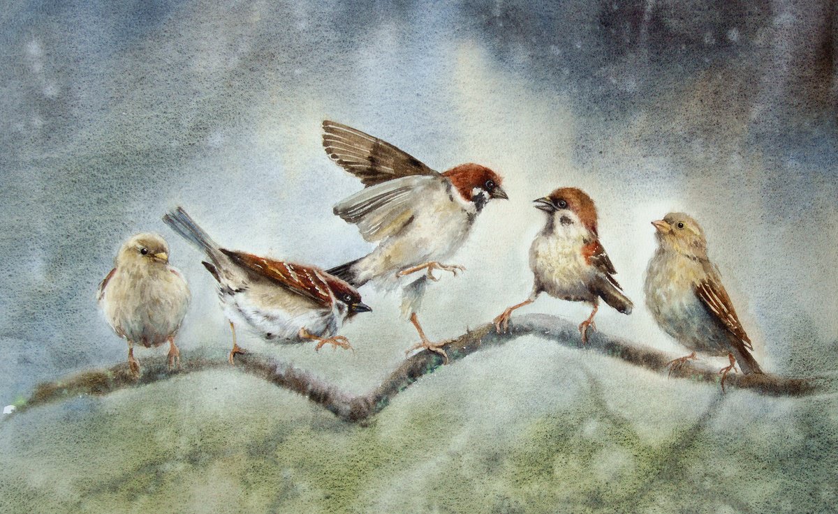 Shakespearean Drama in the Sparrow Theater - Battle the Sparrows by Olga Beliaeva Watercolour