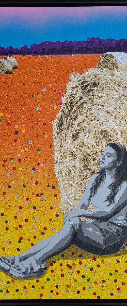 "Bliss" - Contemporary vibrant bales meadow landscape splatters of spray paint Urban Graffiti Pop Art style artwork with Girl resting against a bale in a meadow. by Johnman