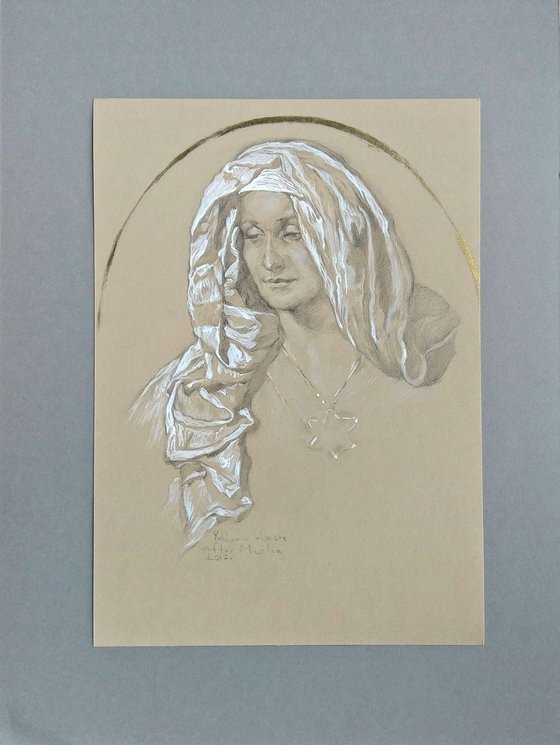 Woman portrait Tribute to Mucha / Realistic Pencil Portrait / Goddes /Mary /Virgin / Holy /Gold Black White / Star of David /Magen David / Jewish star/Gift idea