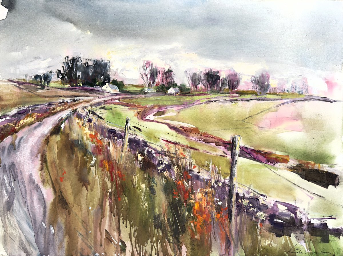 Abstract Landscape Acrylic Painting By Olha Laptieva, 32 X 24", Way Home, Original Artwork