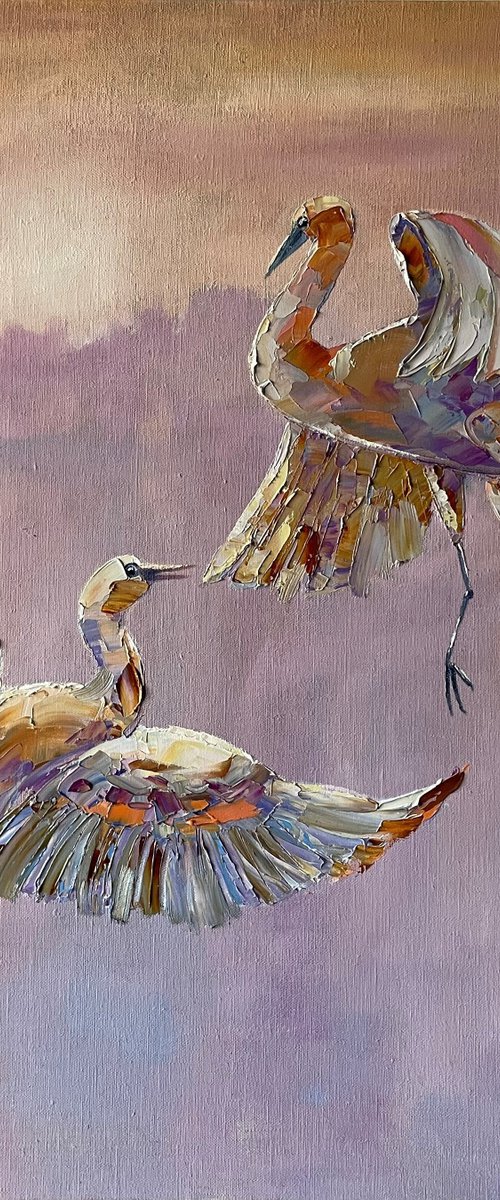 "Dance in the air". Birds in flight. Birds oil painting. Birds flying in the distance by Mary Voloshyna