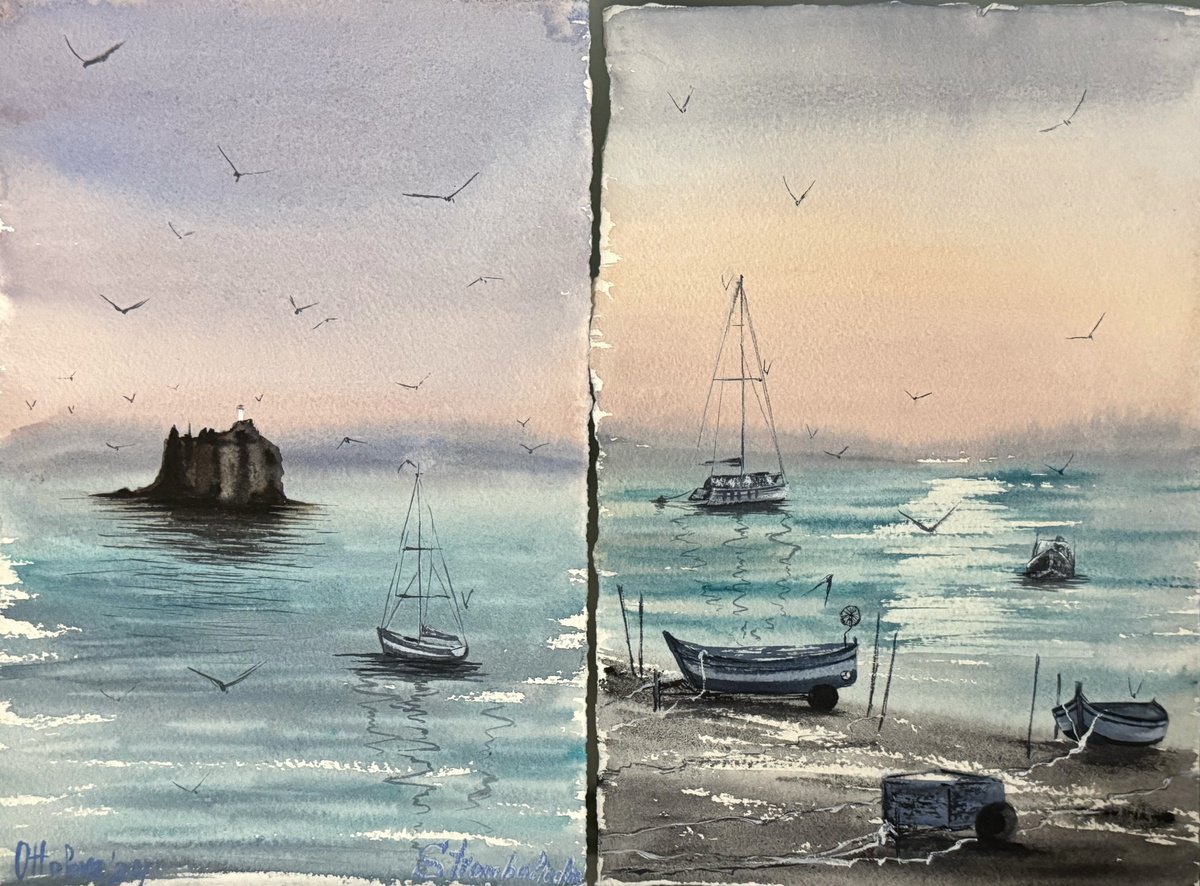 Impressionistic Watercolour , Aeolian Sunrise Strombolicchio By Yuliia Sharapova, 24 X 16, Artwork For Sale On Artfinder