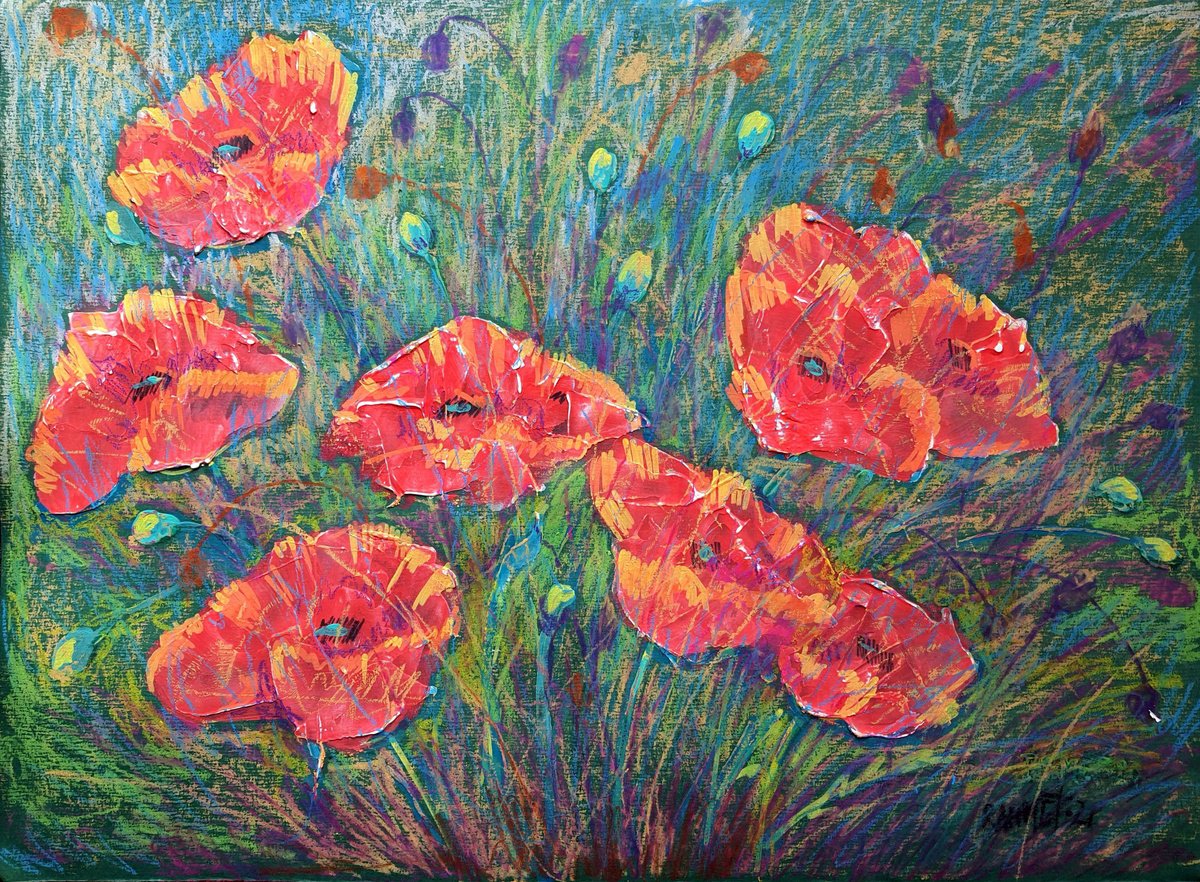 Impressionistic Botanical Acrylic Painting By Rakhmet Redzhepov, 28 X 20", Poppies 4, Original Artwork