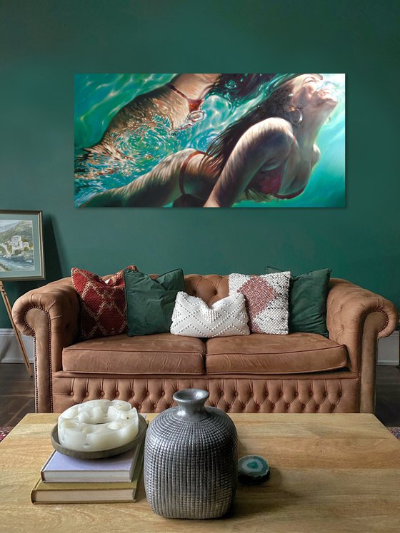 Catch me,underwater painting,underwater art,underwater artist,underwater life ,large acrylic painting , girl