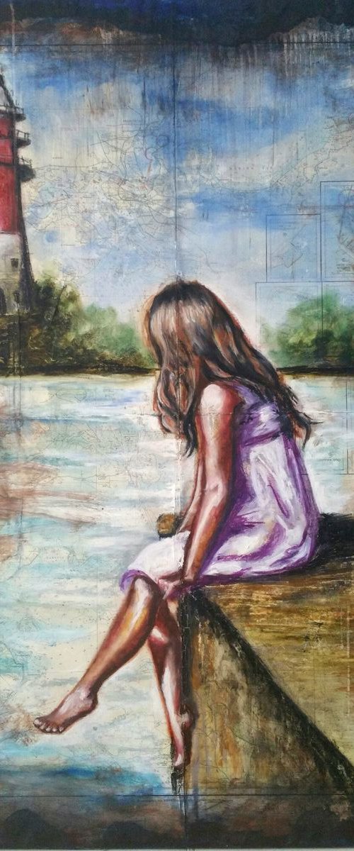 "...please come back  before the  storm, dad! I" 80x120x2cm. Original mixed media  large painting on fabric and maps ,ready to hang by Elena Kraft
