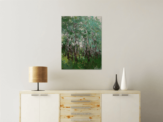 Spring birch forest Original oil painting