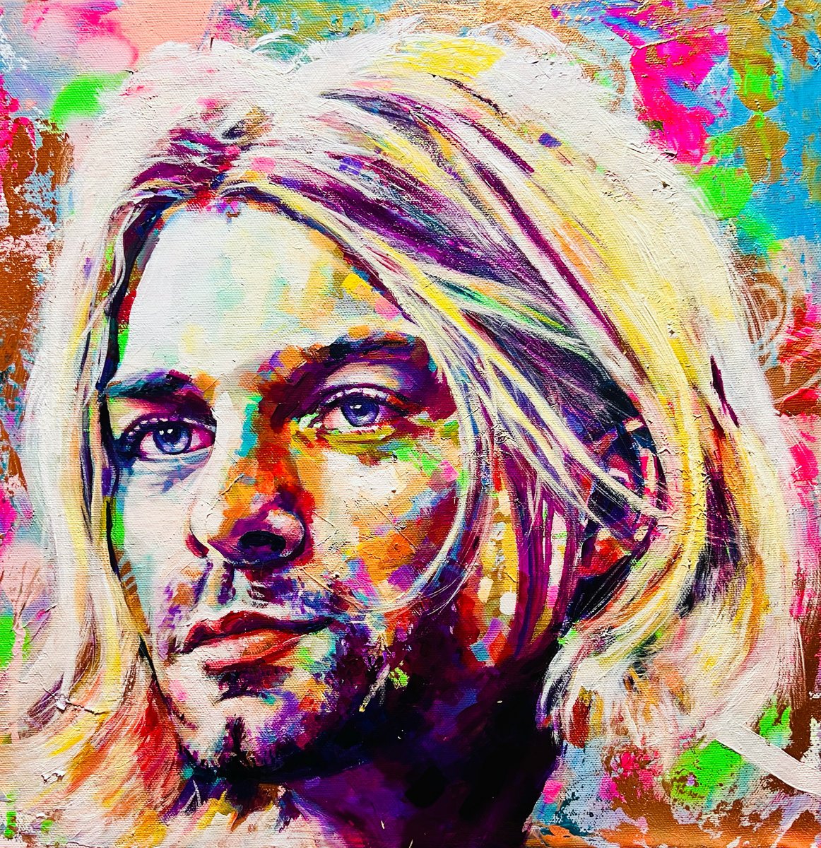 Expressive Portrait Acrylic Painting By Kirsten Todd, 16 X 16", Iconic - Kurt Cobain, Original Artwork