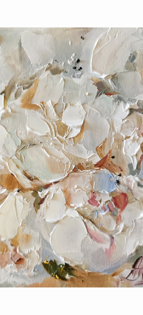 White Peonies flowers painting, Miniature painting on canvas by Annet Loginova