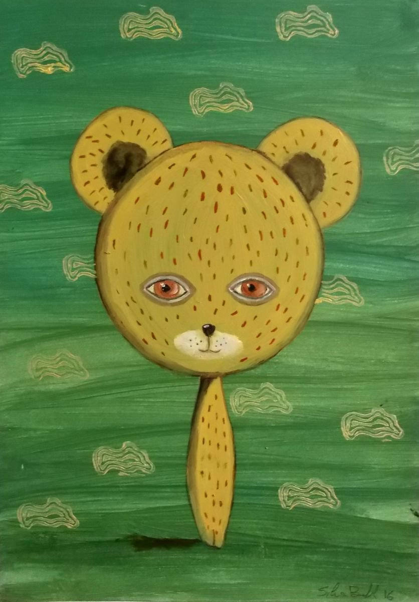 teddy bear on green background - oil on paper by Silvia Beneforti