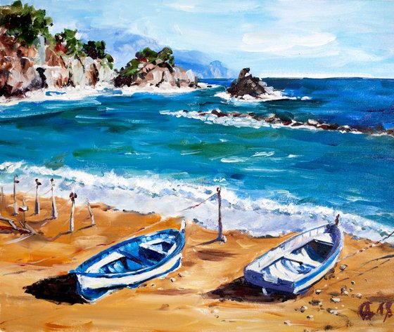 A couple. Boats in Monterosso, Italy. Original oil painting. Medium size sea seascape beach boats blue summer sand travel italy cinque terre interior impressionism