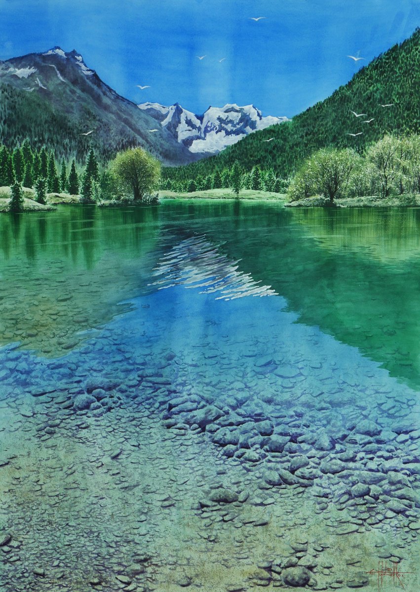 Photorealistic Watercolour , Crystal Lake By Eugene Gorbachenko, 30 X 41, Artwork For Sale On Artfinder