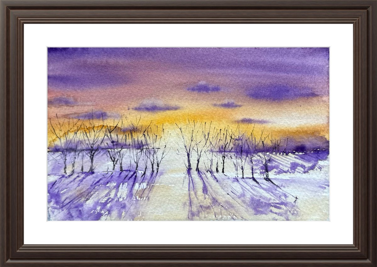 Expressive Landscape Watercolour By Yuliia Sharapova, 16 X 12", Frost? Sunset In The Forest, Original Artwork