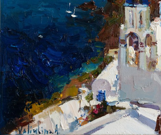 Santorini, Greece seascape - Original oil impasto landscape painting