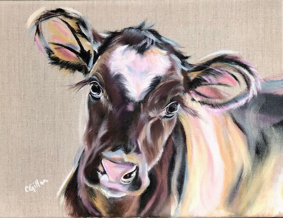 Dreamy Valentine Black & White Calf Cow Heart original oil painting
