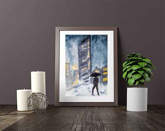 NYC Painting Christmas Original Art Bryant Park Watercolor Walk Small Home Wall Art 8 by 12" by Halyna Kirichenko