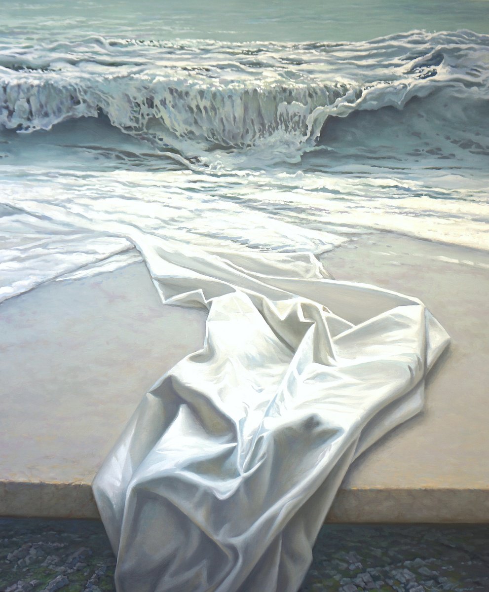 Surrealistic Landscape Oil Painting By Sergej Sologub, 39 X 47", Fabric Wave, Original Artwork