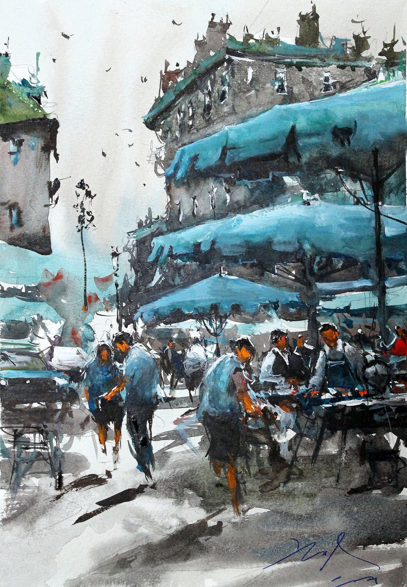 Impressionistic Cityscapes Watercolour By Maximo Damico, 8 X 12", Blue Paris, Original Artwork