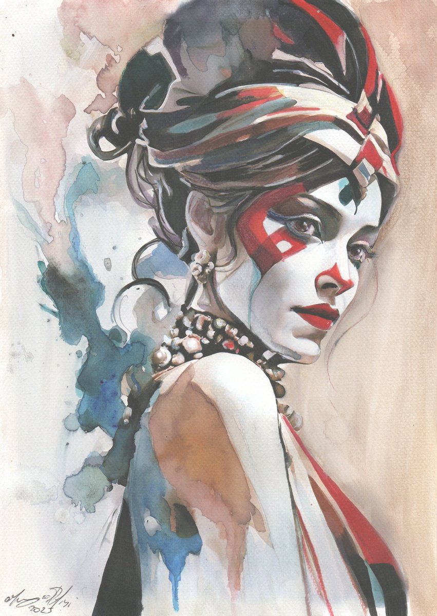 Impressionistic Portrait Ink Drawing By Maurizio Puglisi, 8 X 11", Queen Of Diamonds, Original Artwork