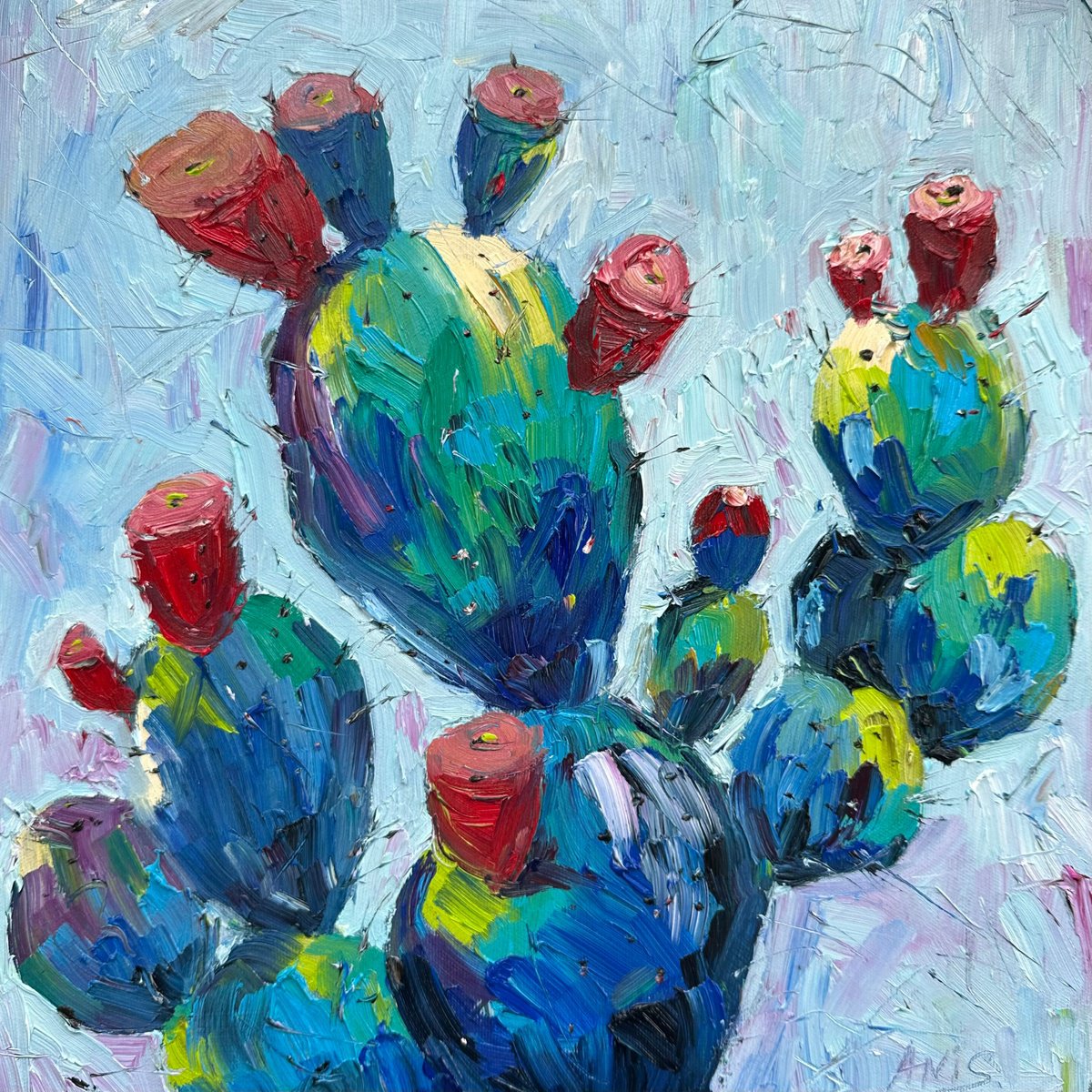 Impressionistic Botanical Oil Painting By Irina Anis, 16 X 16, Blue Cactus With Flowers, Original Artwork