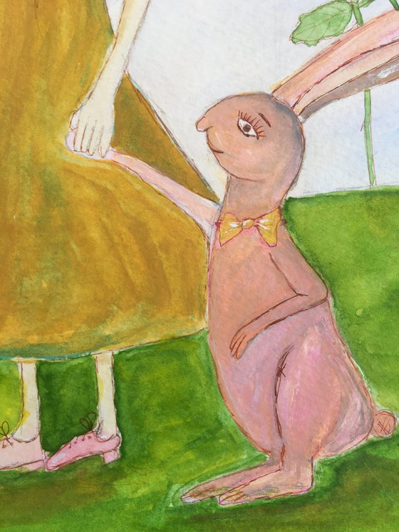 Girl with rabbits, whimsical girl cute rabbit