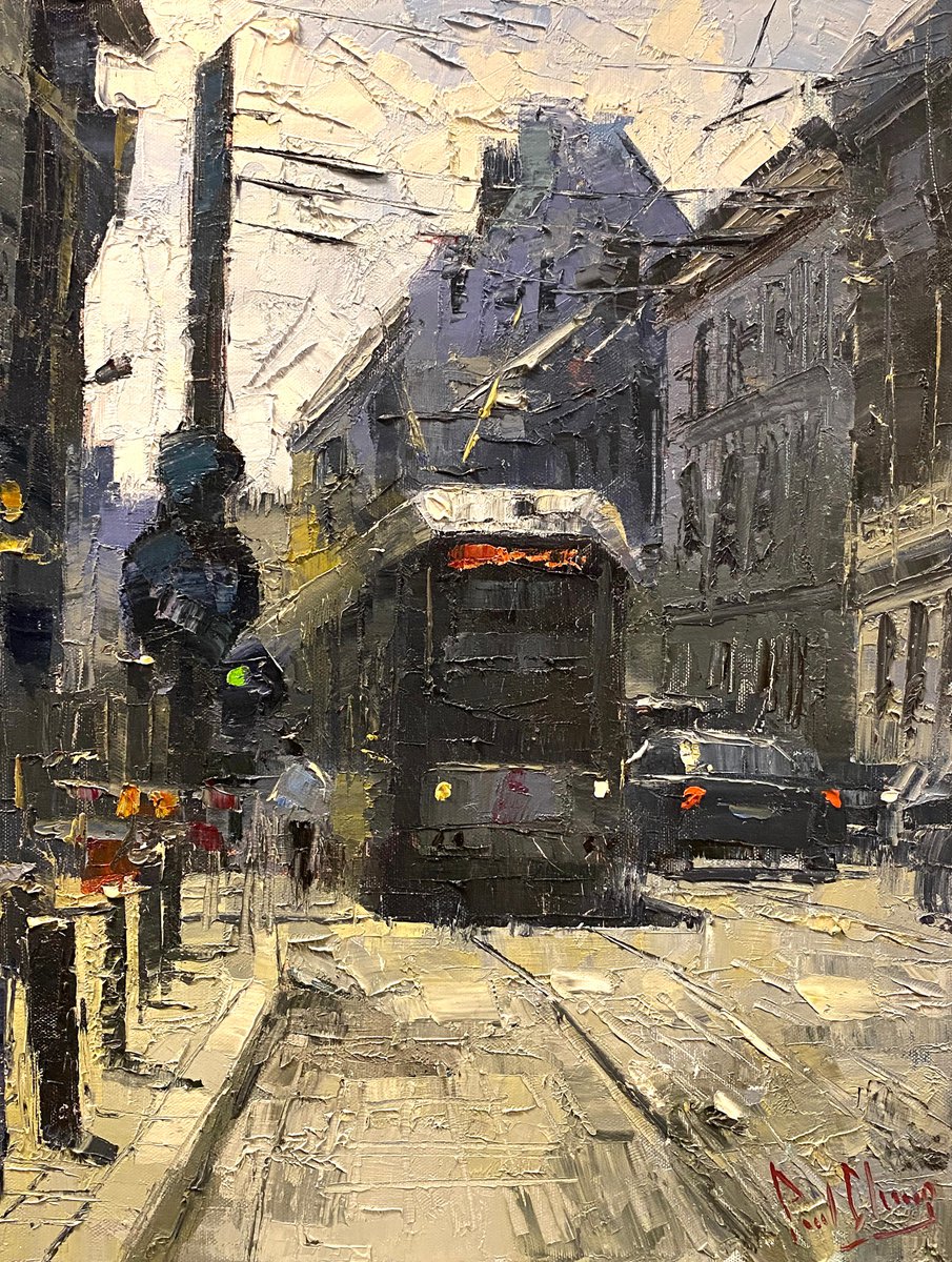 Abstract Landscape Oil Painting By Paul Cheng, 14 X 18", Brussels Street Noon, Original Artwork