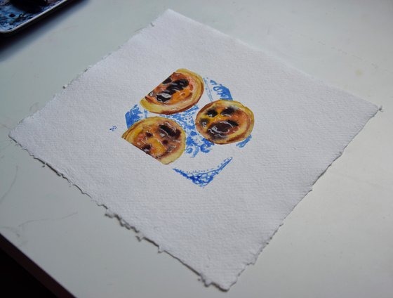 Watercolor painting Portuguese food, Lisbon cake original painting, Pastel de Nata art, kitchen wall art