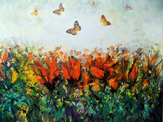 Red flowers and butterflies