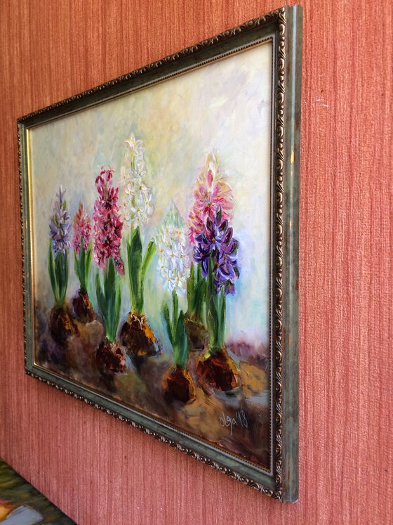 Flowers oil painting - Floral original artwork - Hyacinths framed canvas - Gift idea for woman