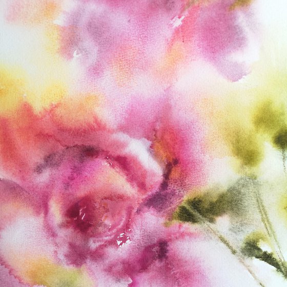 Pink flowers, abstract floral bouquet, watercolor