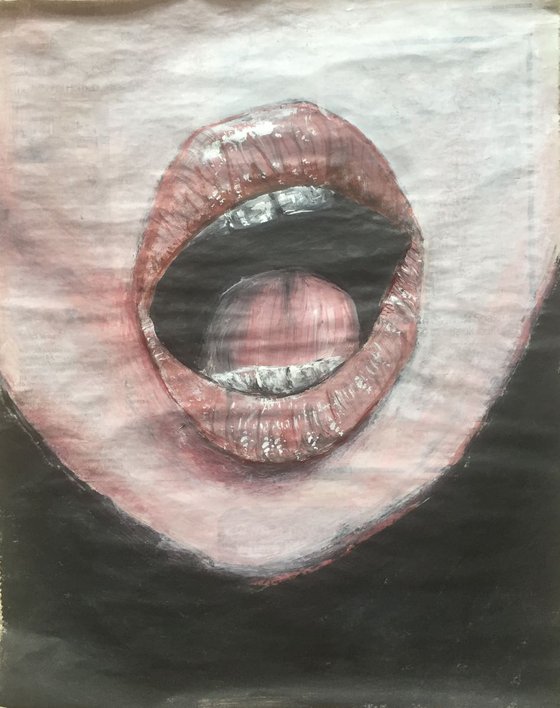 Lips Study II Pink Lips Mouth Open Woman Face Portrait Original Artwork Realistic Lips Black and White Art For Sale Buy Art Now Free Delivery 37x29cm Newspaper Painting