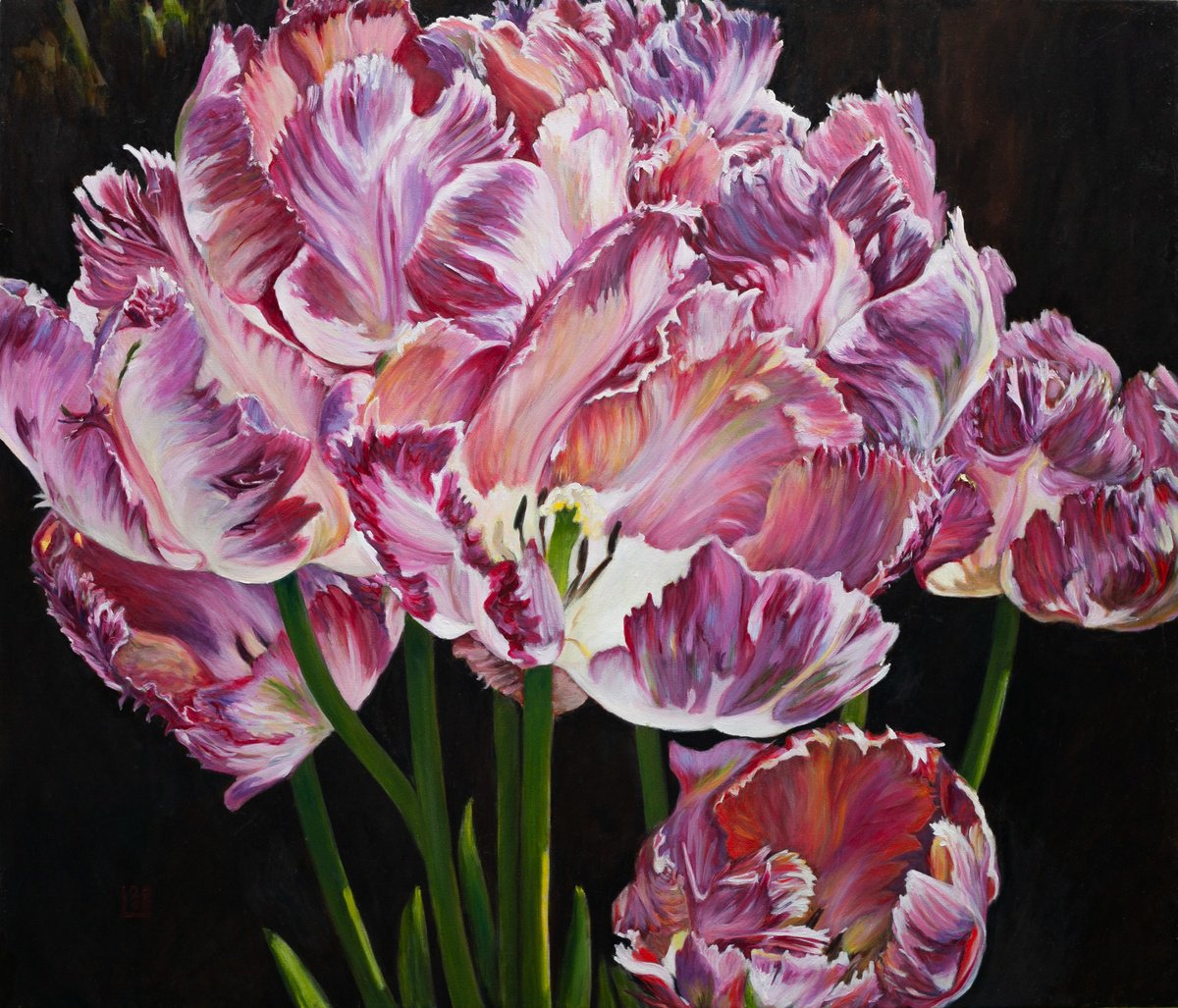 Photorealistic Botanical Oil Painting By Liudmila Pisliakova, 30 X 26", Red Parrot Tulips, Original Artwork