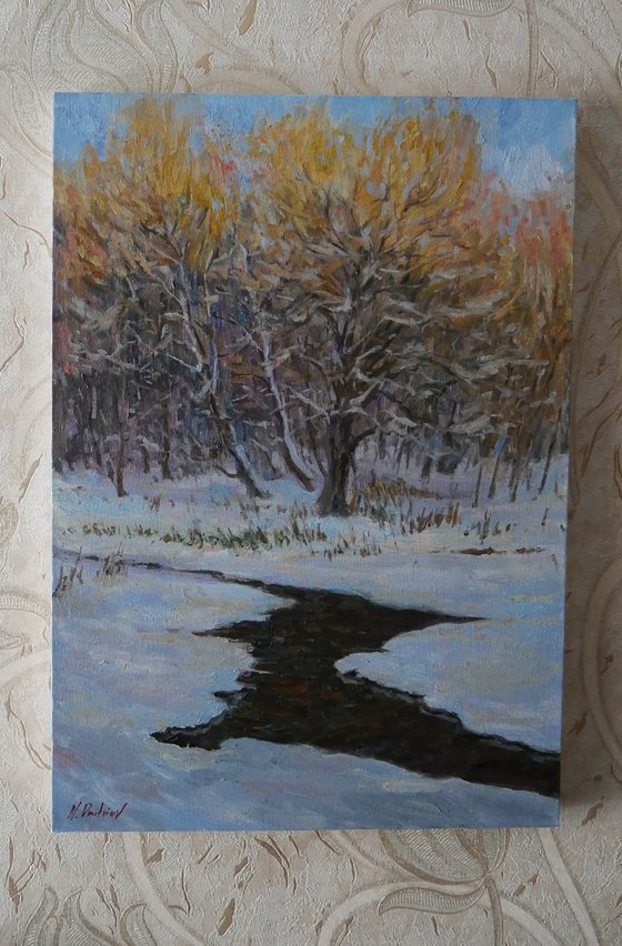 Winter river landscape painting