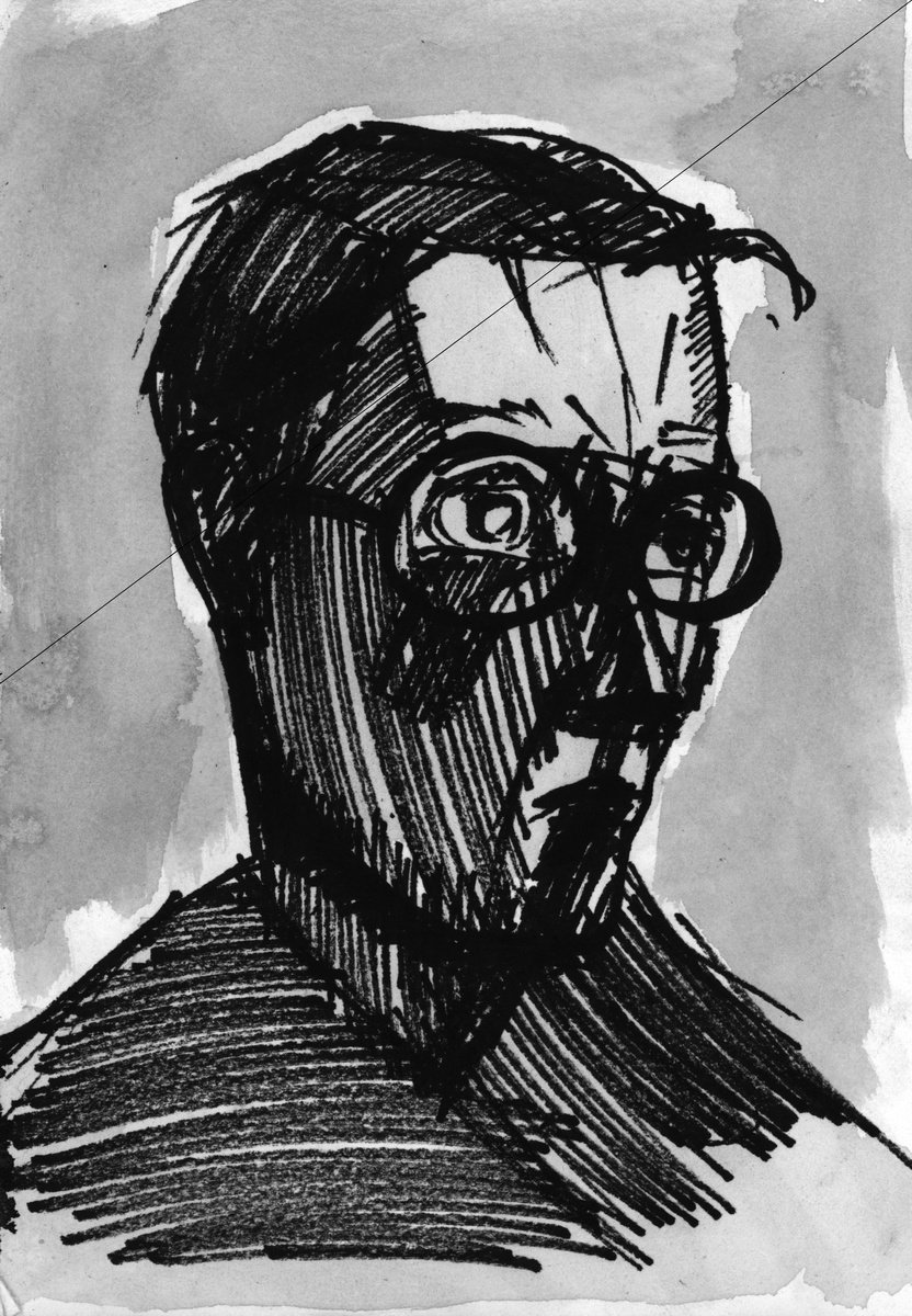 Expressive Portrait Ink Drawing By Nikola Tsvetanov, 6 X 8", "My First Art Teacher", Original Artwork