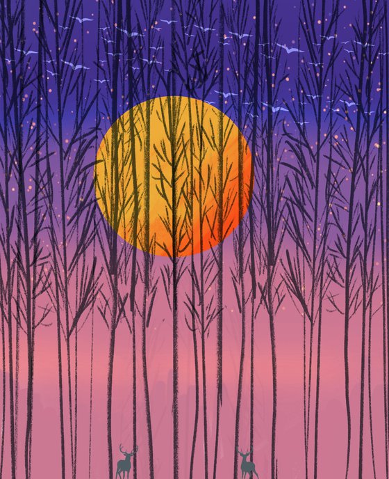 Orange Sunset, deer animal art