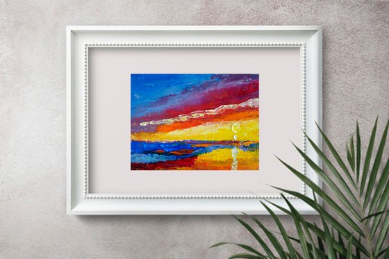 Sunset Oil Painting Seascape Original Art Abstract Artwork Landscape Small Wall Art