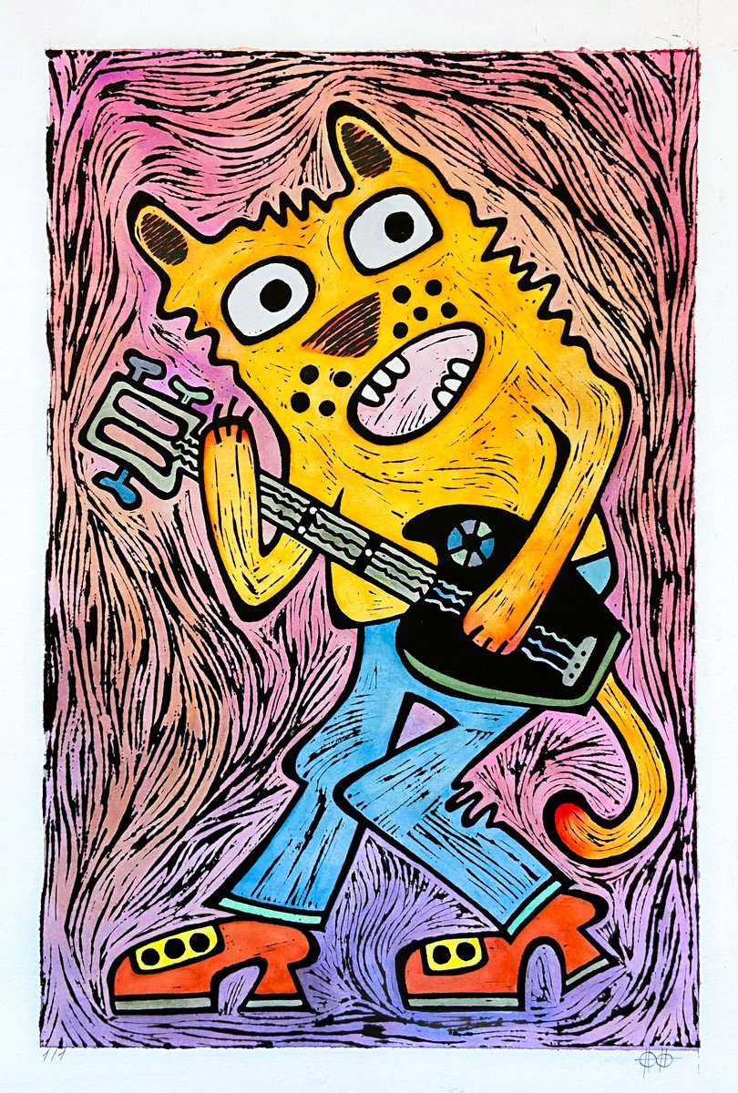 Animal Linocut By Nikita Ostapenco, 11 X 15", ?at With Guitar, Color #2, Original Artwork