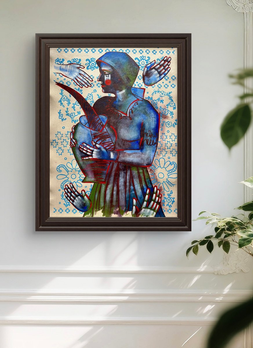 Naive Portrait Acrylic Painting By Yuliia Chaika, 26 X 35", Filling, Original Artwork