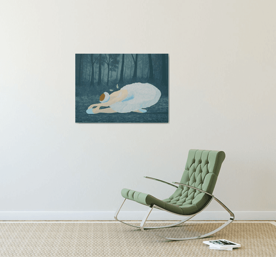 Swan Lake - ballerina position painting on frozen lake in forest; home, office decor; gift idea