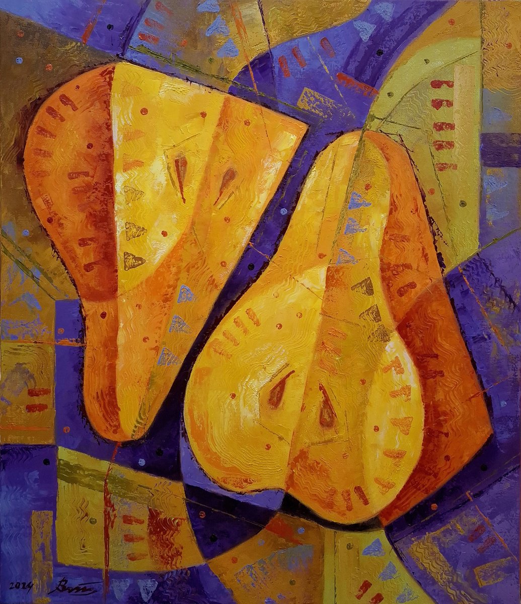 Abstract Still Life Oil Painting By Serhii Voichenko, 24 X 27", Still Life With Pears, Original Artwork