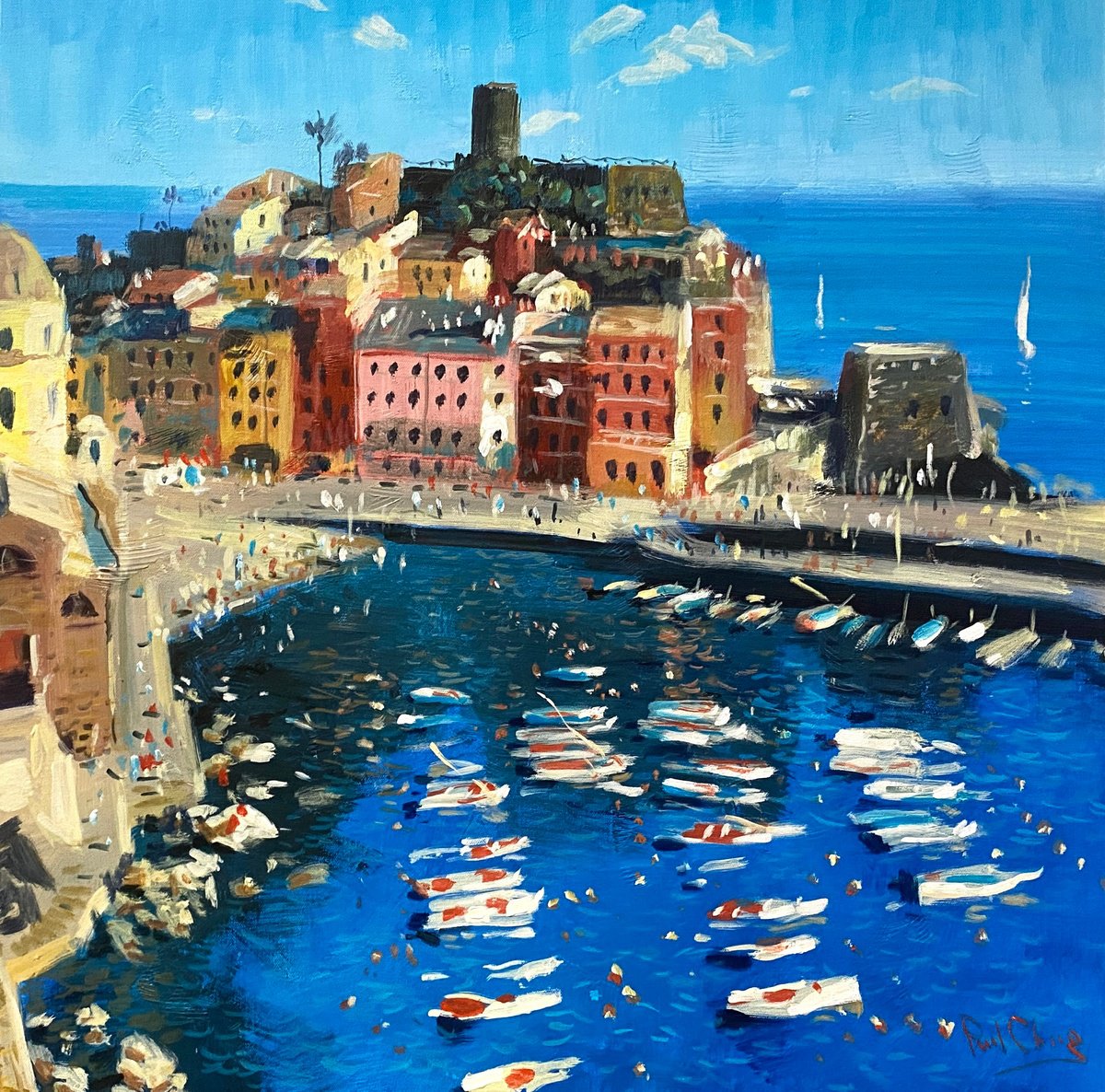 Impressionistic Cityscapes Acrylic Painting By Paul Cheng, 30 X 30", Looking Down At Cinque Terre, Original Artwork