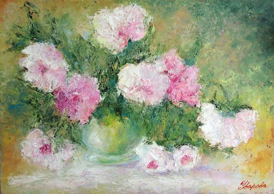 Spring peonies, 70×50 cm, original art, Free Shipping