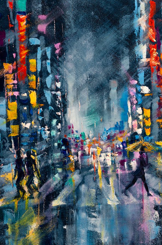 "Street of the night city" people with umbrella , original oil painting