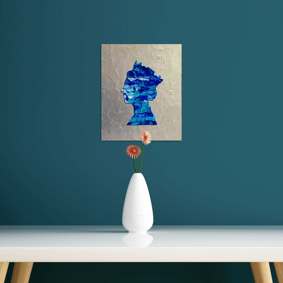 Queen #59 on pearl metallic background , Ultramarine and turquoise  Marble inspired by Queen Elizabeth II