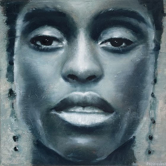 Lashana | Beautiful blqck model woman face portrait painted in oil on canvas framed painting blue green white grunge romantic by RKHercules