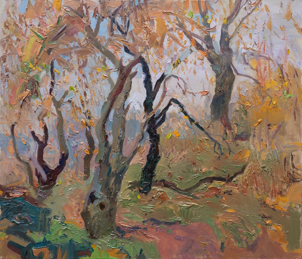 Impressionistic Landscape Oil Painting By Victor Onyshchenko, 28 X 24", Autumn Trees, Original Artwork